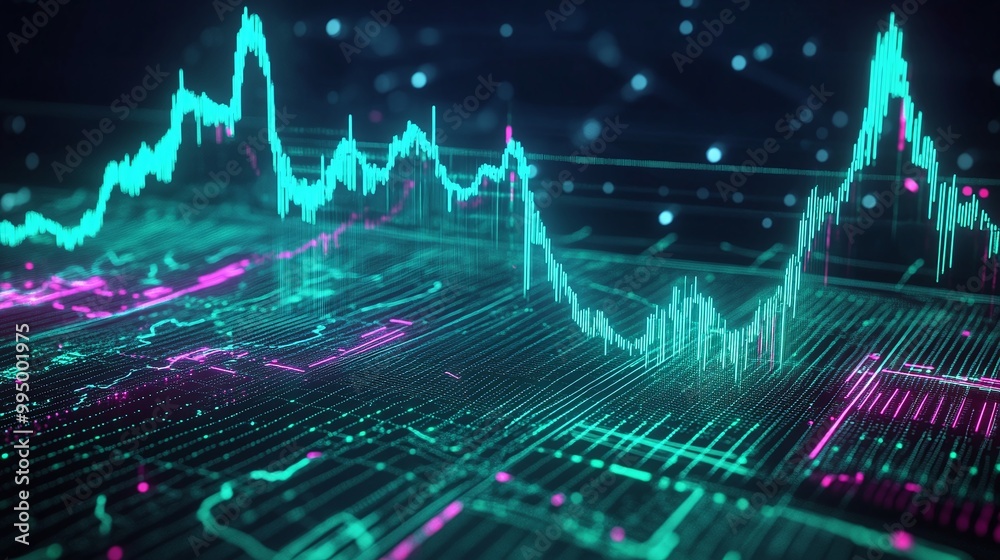 Poster abstract digital data visualization with vibrant colors and dynamic patterns, representing modern da