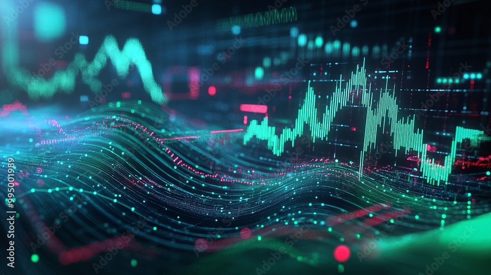Poster abstract digital data visualization with vibrant colors and dynamic wave patterns representing moder