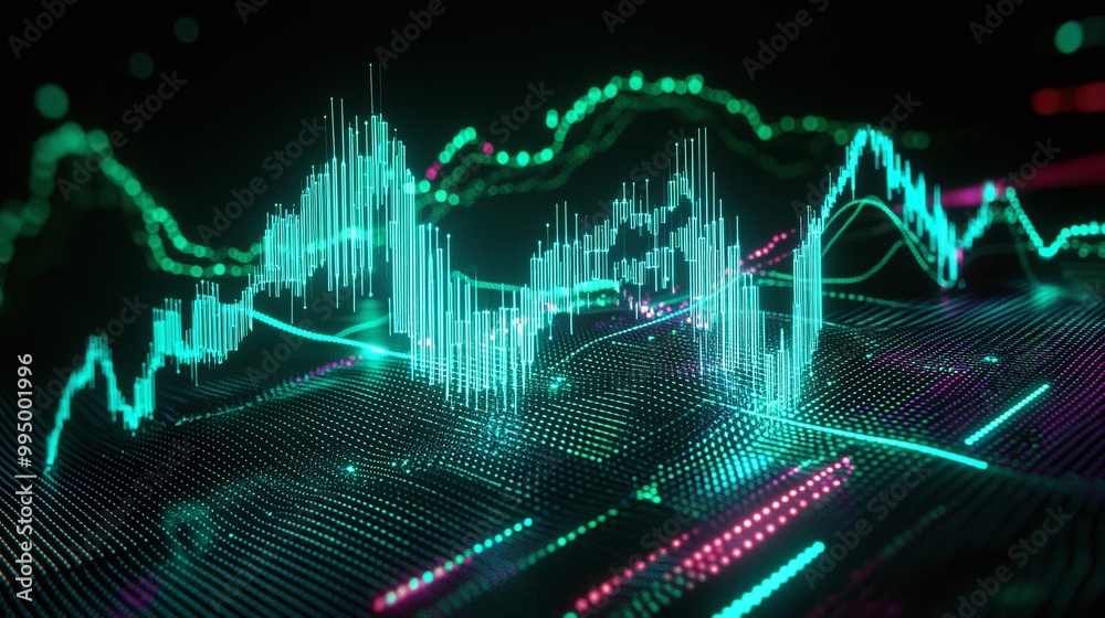 Poster abstract digital data visualization with vibrant colors and dynamic patterns representing financial 