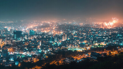 Obraz premium Vibrant city skyline at night with shimmering lights and fireworks in the distance