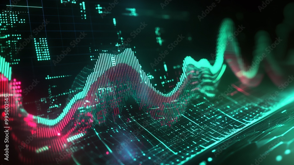 Poster abstract digital data visualization with vibrant colors and wave patterns on a dark background.