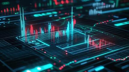 Abstract digital data visualization with vibrant colors and high-tech elements on a black background.