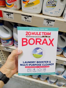 Box of Borax powder by 20 Mule Team. Laundry booster and multipurpose cleaner.