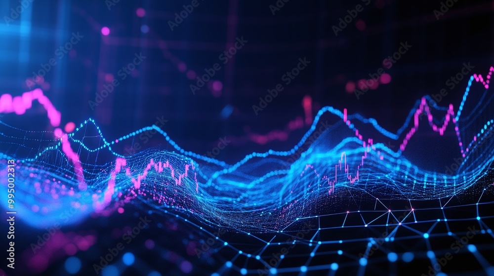 Poster abstract digital data visualization with vibrant colors and wave patterns on a dark background.