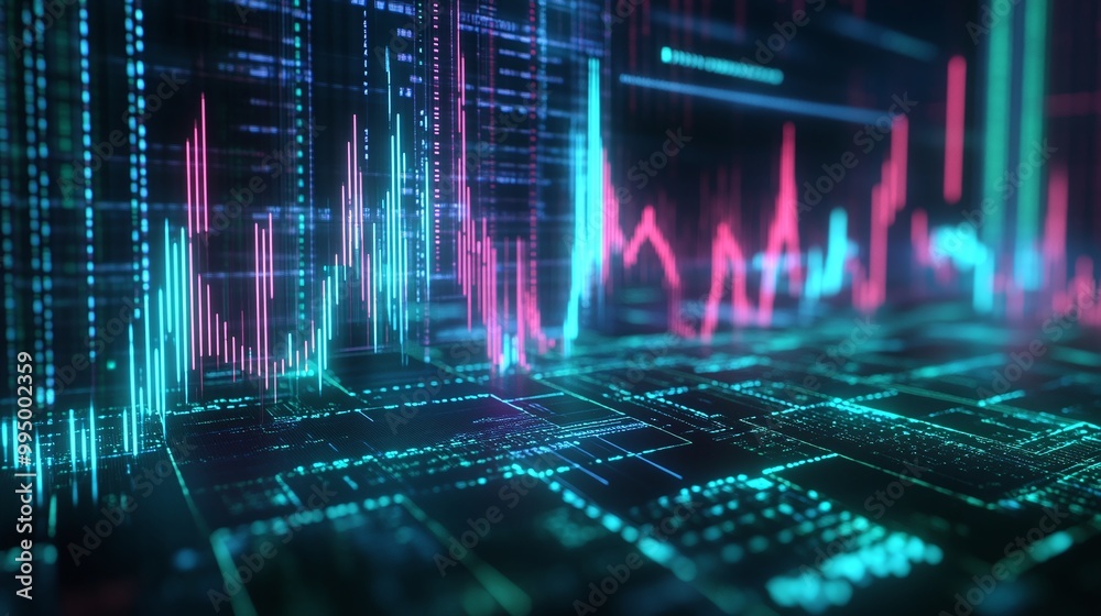 Poster abstract digital data visualization with vibrant colors and wave patterns representing analytics.