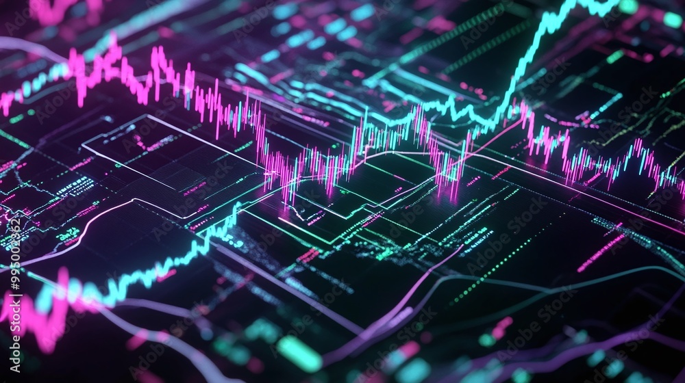 Poster abstract digital data visualization with vibrant colors, showcasing fluctuating graphs and metrics.