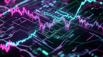 Obraz premium Abstract digital data visualization with vibrant colors, showcasing fluctuating graphs and metrics.