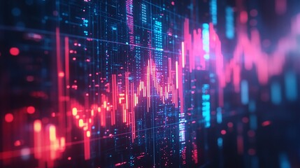 Obraz premium Abstract digital data visualization with vibrant colors resembling graph statistics and analytics trends.