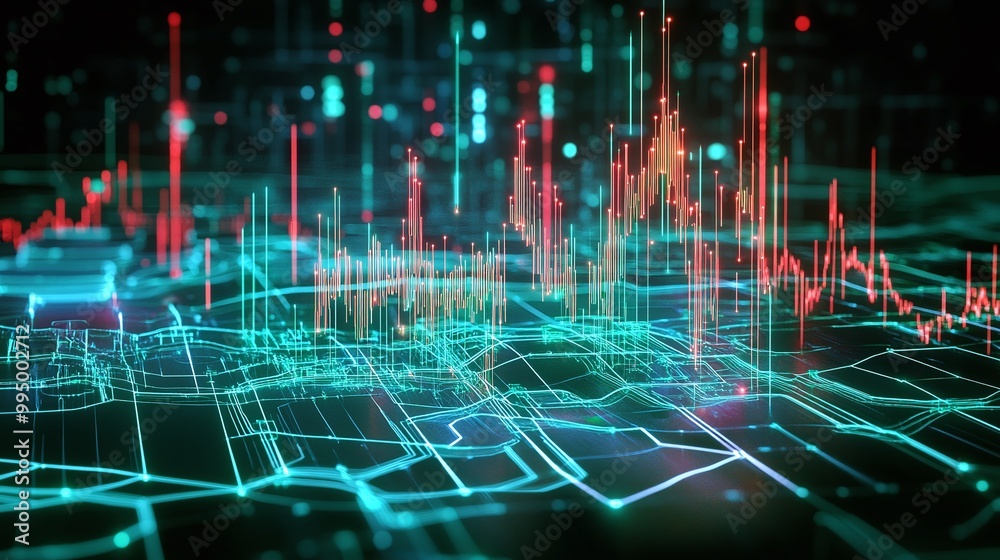 Poster abstract digital data visualization with vibrant graphs and lines representing fluctuating informati