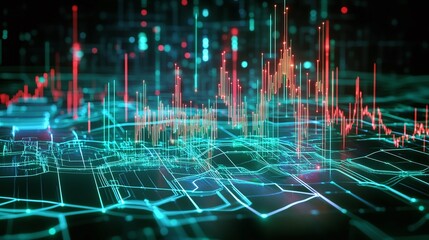 Fototapeta premium Abstract digital data visualization with vibrant graphs and lines representing fluctuating information on a futuristic background.