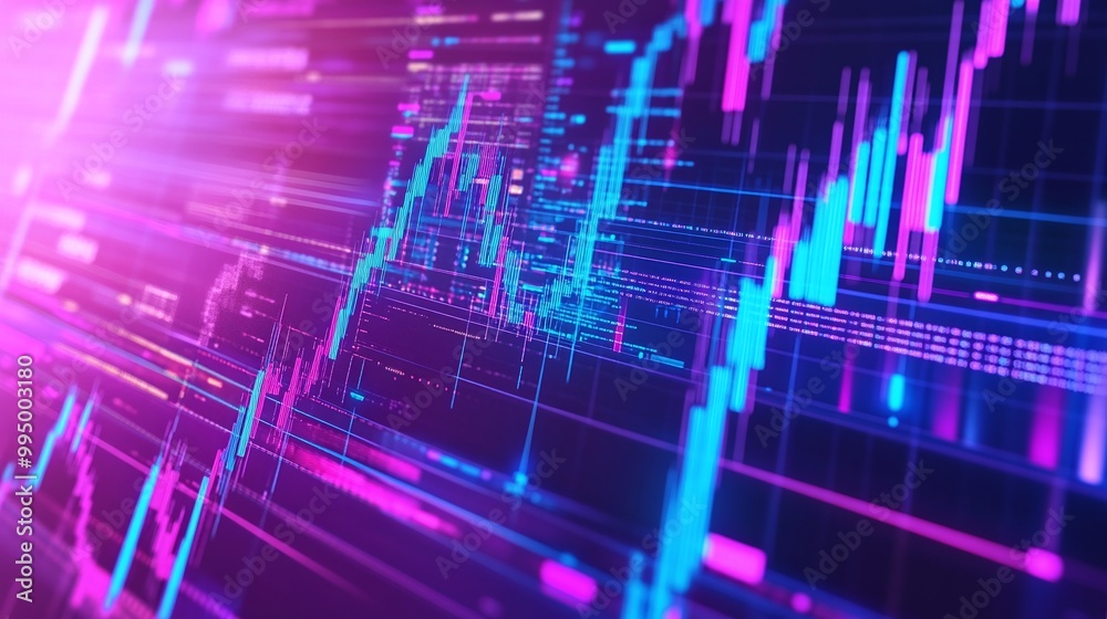 Poster abstract digital data visualization with vibrant lines and graphs on a dark background.