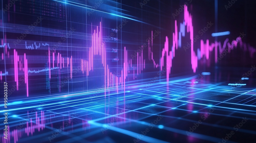 Poster abstract digital data visualization with vibrant lines and shapes representing information flows.
