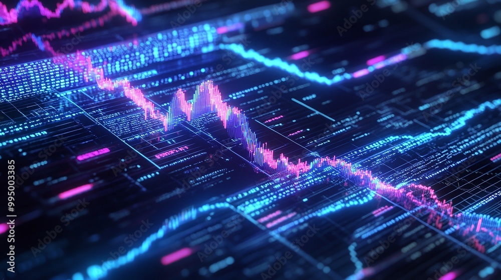 Poster abstract digital data visualization with vibrant lines and waves representing data flows and trends,