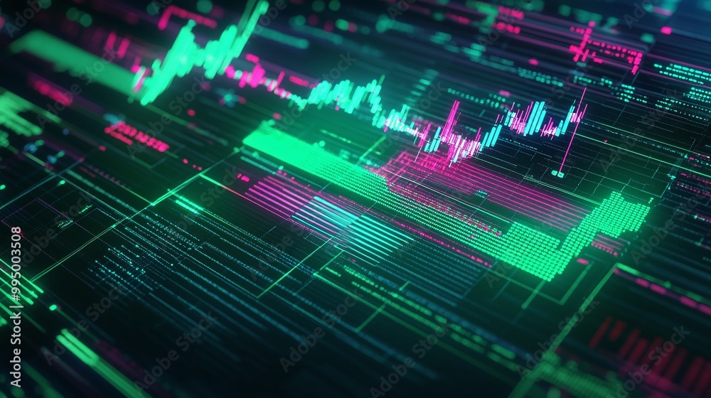 Poster abstract digital data visualization with vibrant neon colors and dynamic graphs on a dark background