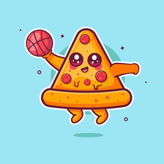 cute pizza slice food character mascot playing basketball isolated cartoon