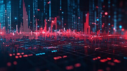 Fototapeta premium Abstract digital data visualization with vibrant red and blue hues, representing sound waves and frequencies in a futuristic style.