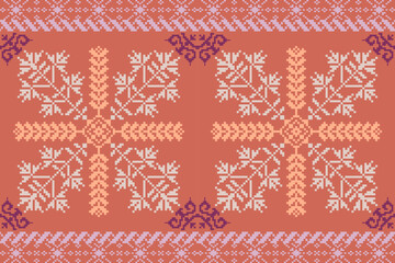 Bright Pixel Art Fabric Pattern with Geometric Square.Ethnic fabric pattern.Embroidery Cross Stitch.Perfect for Craft,Scarve,Shirt,Pant, Tablecloth,Tiles, Blanket,Background