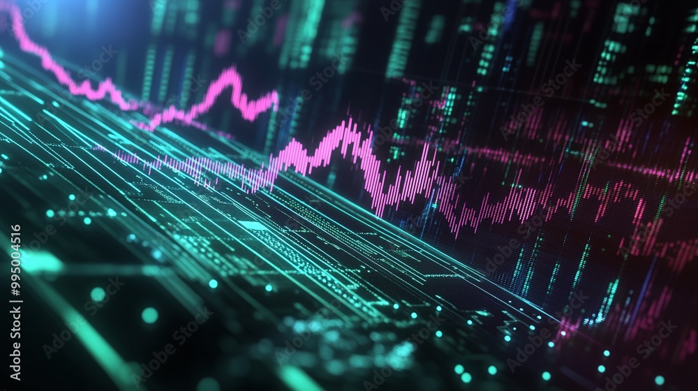 Poster abstract digital data visualization, featuring graphs and metrics in vibrant colors, representing fi