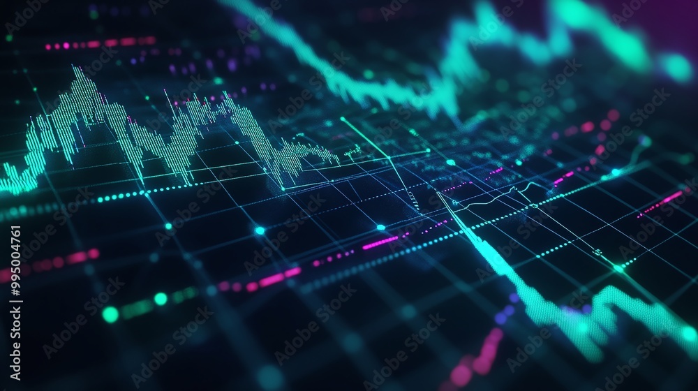 Poster abstract digital finance data visualization with colorful graphs and charts.