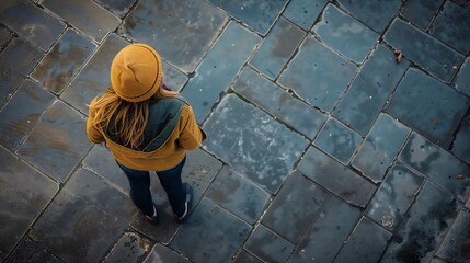 Woman in Yellow Jacket and Beanie Walking on Wet Cobblestone Path