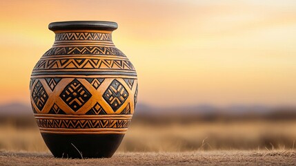 Ancient jar with Zulu shield patterns, standing against a savannah backdrop