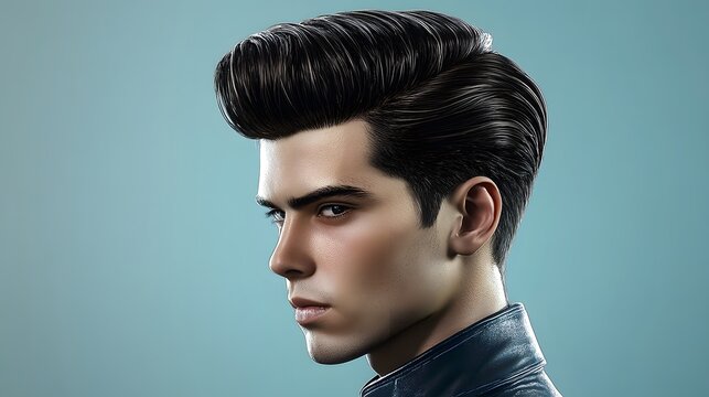 Men pompadour hairstyle with slicked-back look, hyper real, high quality, sharp images, graphic, illustration