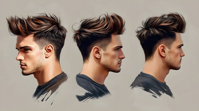 Modern quiff hairstyle for men, voluminous and stylish, hyper real, high quality, sharp images, graphic, illustration