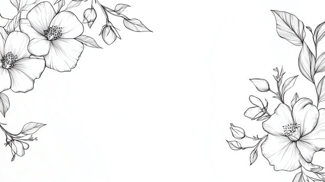 Elegant floral border with hand-drawn flowers and leaves in black and white, perfect for invitations, cards, and wedding designs.