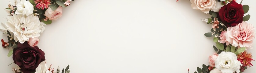 Elegant floral border with roses and other blooms on a white background, ideal for invitations, greeting cards, or wedding announcements.