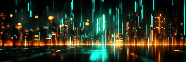 A futuristic cityscape with glowing towers, representing technological advancement, urban development, and the interconnectedness of a modern society.