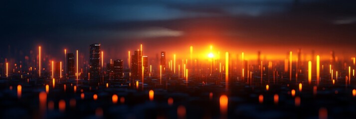 A futuristic cityscape with glowing towers silhouetted against a vibrant sunset, symbolizing progress, technology, urban development, and a hopeful future.