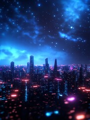 Obraz premium A futuristic cityscape with towering structures illuminated by neon lights under a starry night sky, symbolizing technological advancement, urban development, modern architecture, a sense of wonder, a