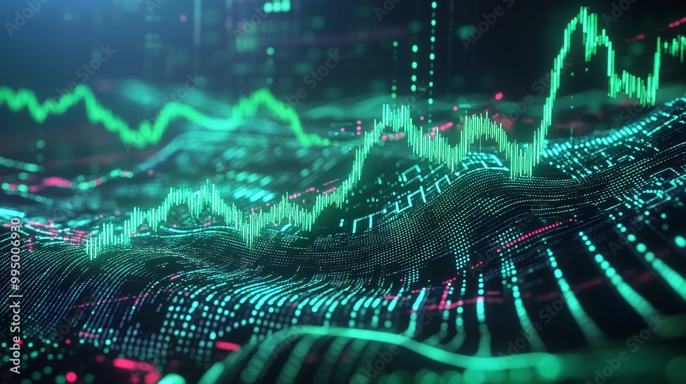 Poster abstract digital financial data representation with green graphs and numbers on a dark background.