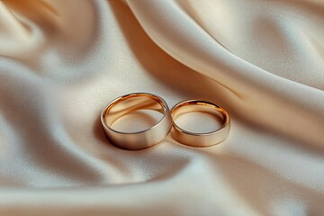 Two gold classic wedding rings lie on a chic satin fabric with soft pleats. wedding background. Layout for the designer and product advertising.generative ai