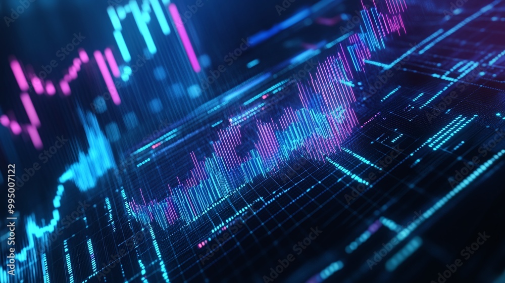 Poster abstract digital financial data visualization with colorful graphs and charts in a futuristic style.