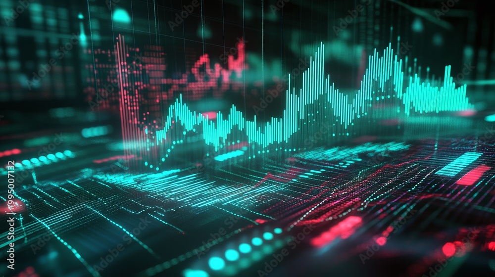Poster abstract digital financial data visualization with colorful graphs and charts.