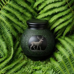 Celtic ancient jar with enchanted stag, hidden among forest ferns