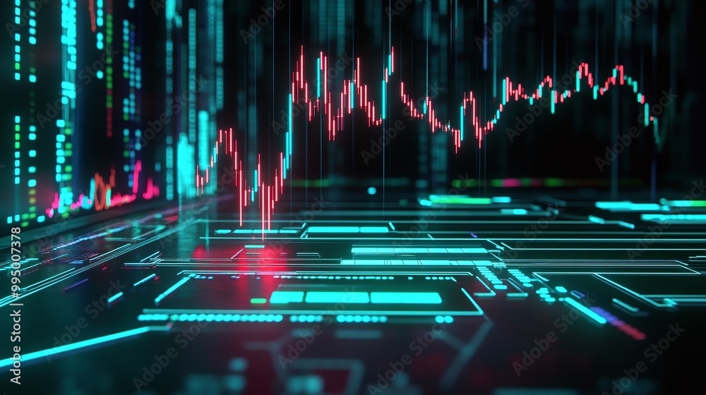Poster abstract digital financial data visualization with colorful graphs and metrics on a futuristic inter