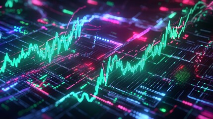 Obraz premium Abstract digital financial data visualization with glowing charts and numbers on a dark background.