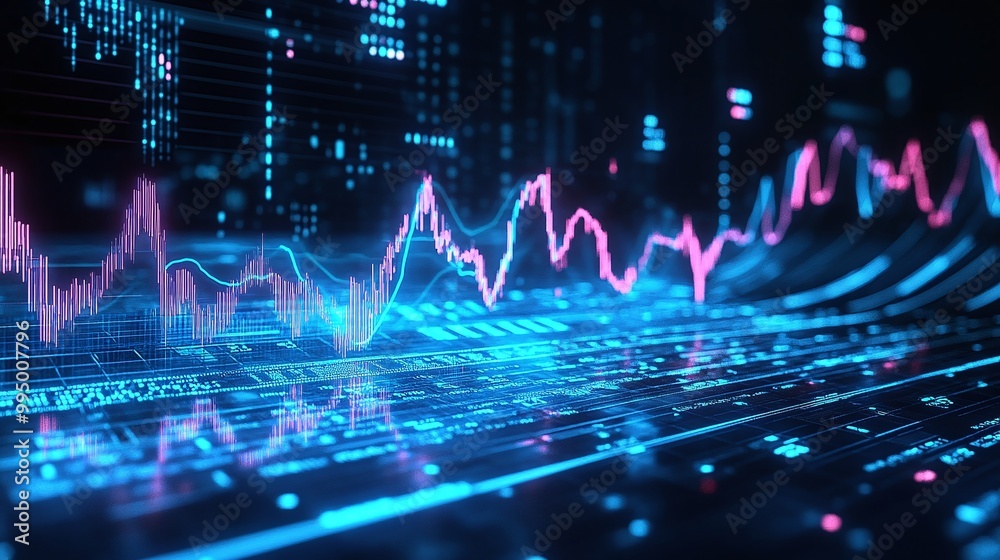 Poster abstract digital financial data visualization with glowing graphs and numbers on dark background.