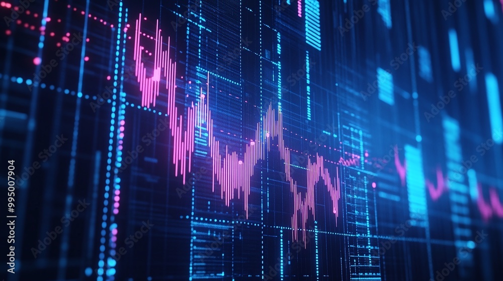 Poster abstract digital financial data visualization with glowing line graphs and charts on a dark backgrou
