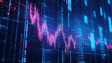 Abstract digital financial data visualization with glowing line graphs and charts on a dark background.