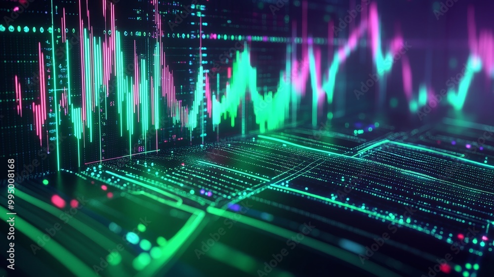 Poster abstract digital financial data visualization with vibrant colors and chart patterns on a futuristic