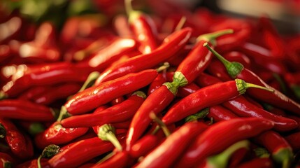 A close-up of red chilies piled together at a market stall, their vibrant color and shiny skin catching the eye.