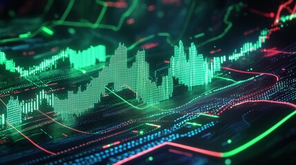 Obraz premium Abstract digital financial graph visual with green and red signals on dark background.