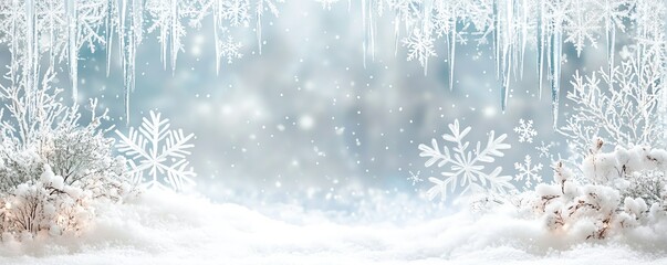 Winter background with snowflakes and icicles. Beautiful snowy scene perfect for holiday and seasonal designs or greeting cards.