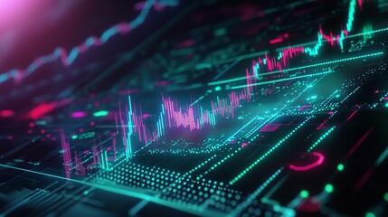 Abstract digital financial graph with glowing lights and data visualization elements.