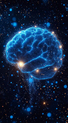 A digital rendering of a brain with glowing lights, creating a futuristic and abstract look.