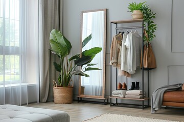 Minimalist modern cloth storage rack with mirror and shoe shelf in the living room, functional and stylish storage solution.