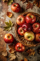 Basket of apples surrounded by autumn leaves.